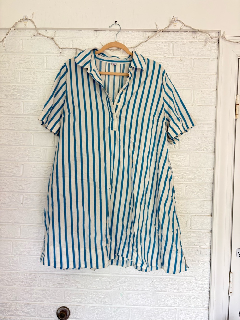 Old Navy White and Teal Striped Shirt Dress